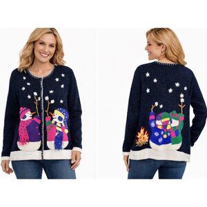 QUACKER FACTORY cardigan sweater snowmen winter smores embellished quirky XL